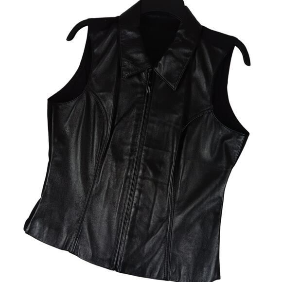 Wilsons Vintage Maxima Leather Vest Womens Large Black Zip Moto Stretch Back - Picture 1 of 12